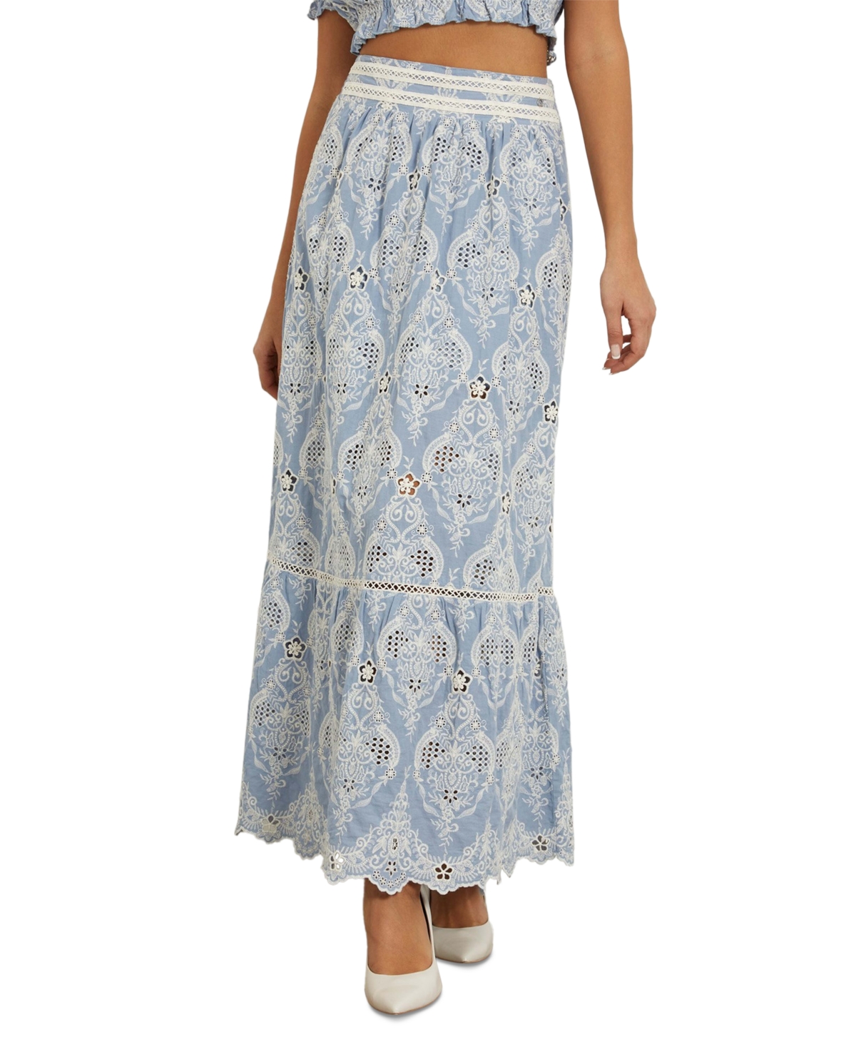 Shop Guess Women's Frida Pointelle Embroidered Pull-on Maxi Skirt In Airway Blue Multi