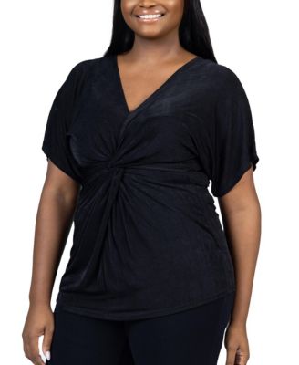 Plus Size V Neck Knot Front Kimono Sleeve Top