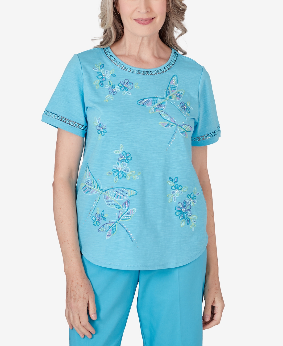 Alfred Dunner Petite Summer Breeze Dragonfly Embroidery Top In Aqua