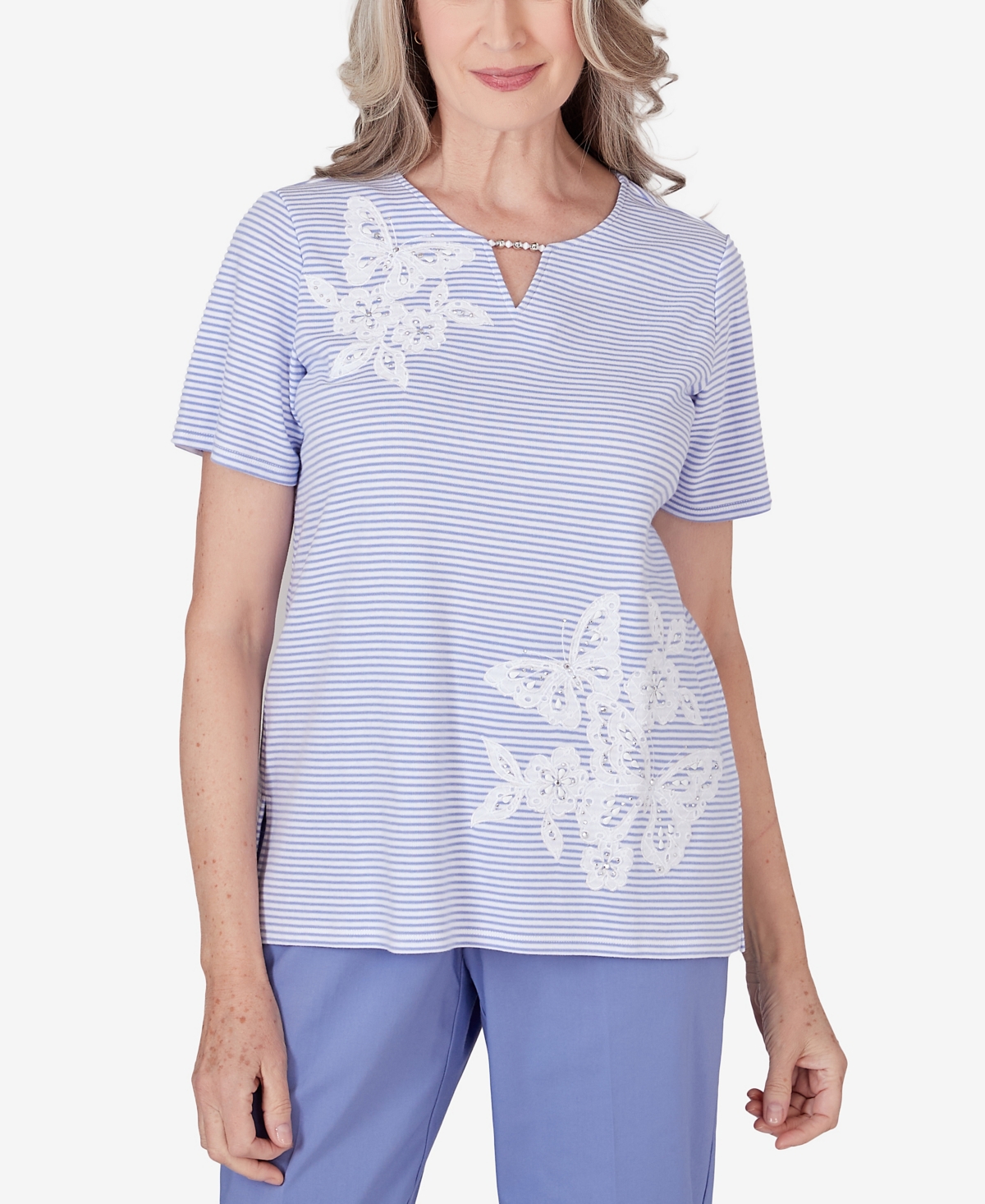 Alfred Dunner Women's Summer Breeze Mini Stripes T-shirt With Butterfly Lace Detail In Lilac