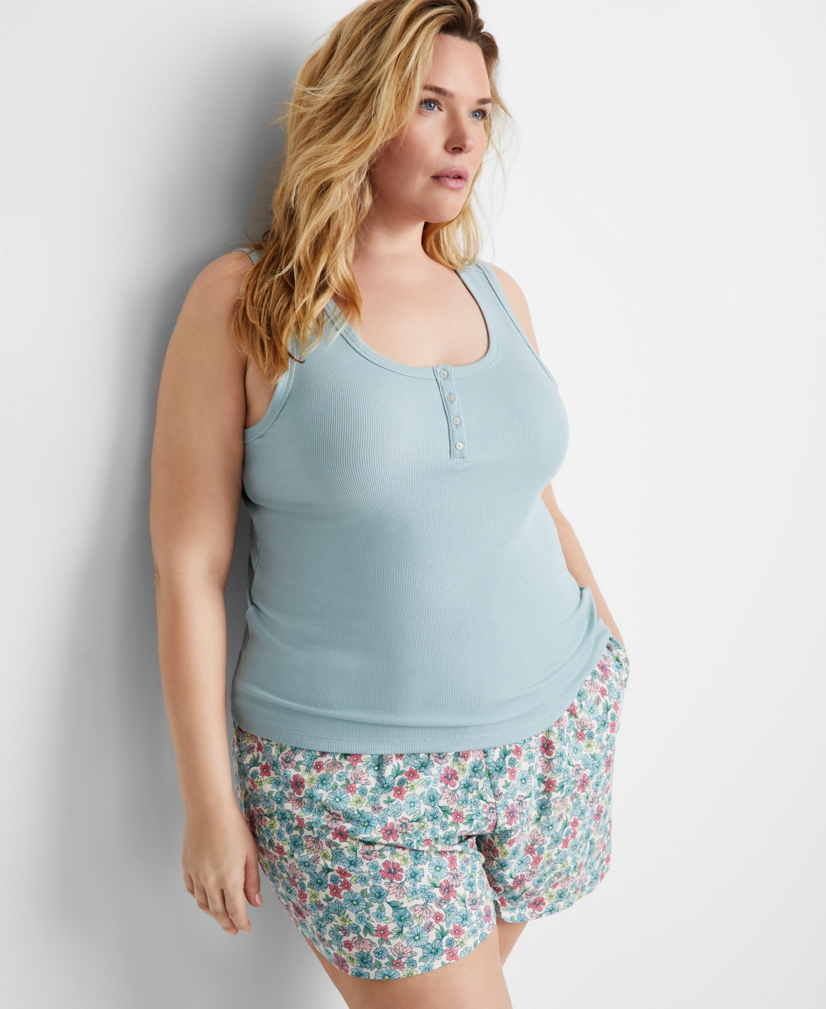 Plus Size Ribbed Henley Sleep Tank Top, Created for Macy's - Gray Mist