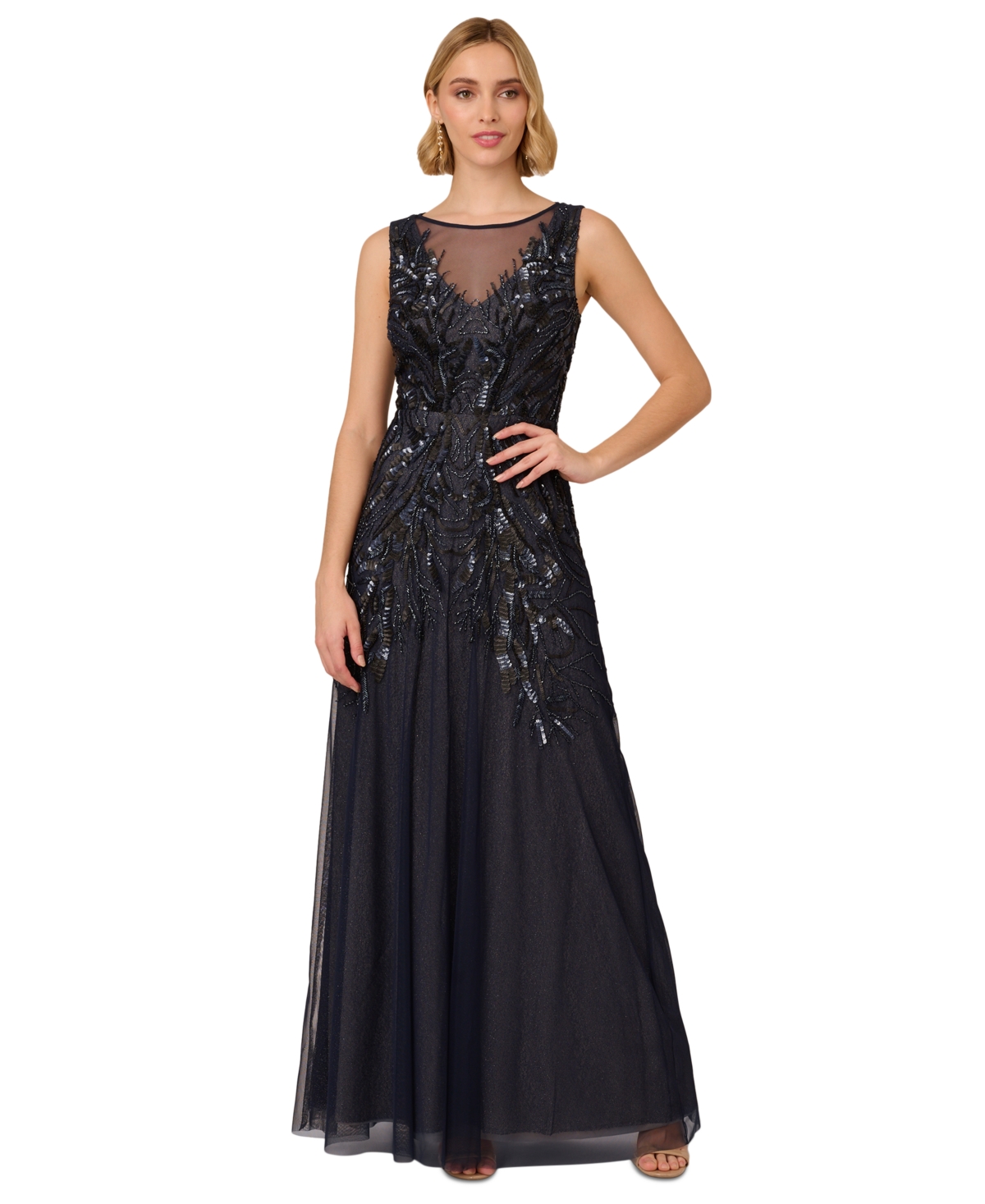 Shop Adrianna Papell Women's Bead Metallic Mesh Gown In Navy Silver
