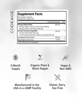 Liposomal Moringa+ Supplement, 400mg Moringa 50:1 Extract - 20,000mg Moringa Oleifera Leaf Equivalent - Turmeric, Ashwagandha, 180 Capsules