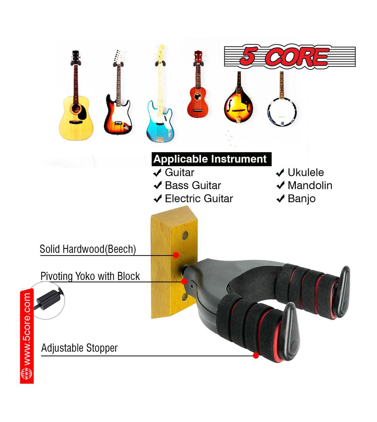 5 Core Guitar Wall Mount Hanger| Guitar Hook Cradle and Wall Mount Auto Lock, Sturdy, Secure and Adjustable Holder