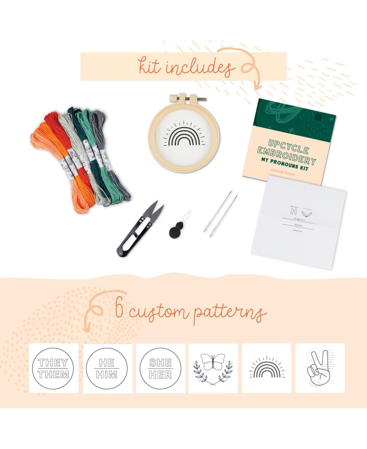 Doodle Hog Embroidery Kit for Beginners, Upcycle Your Clothes with Dissolving Design Stickers, 6 Unique Designs, Pronouns They/Them, He/Him, She/Her