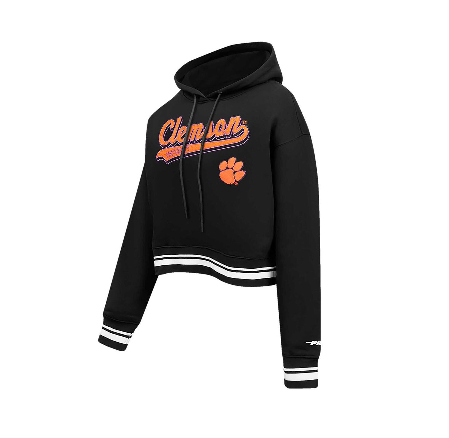 Women's Black Clemson Tigers Script Tail Fleece Cropped Pullover Hoodie