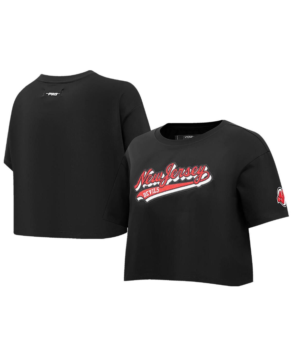 Women's Pro Standard Black New Jersey Devils Boxy Script Tail Cropped T-shirt - Black