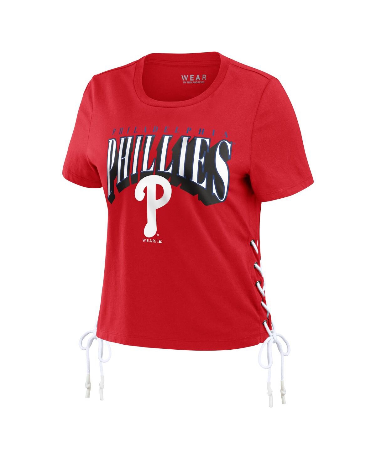 Shop Wear By Erin Andrews Women's  Red Philadelphia Phillies Side Lace-up Cropped T-shirt