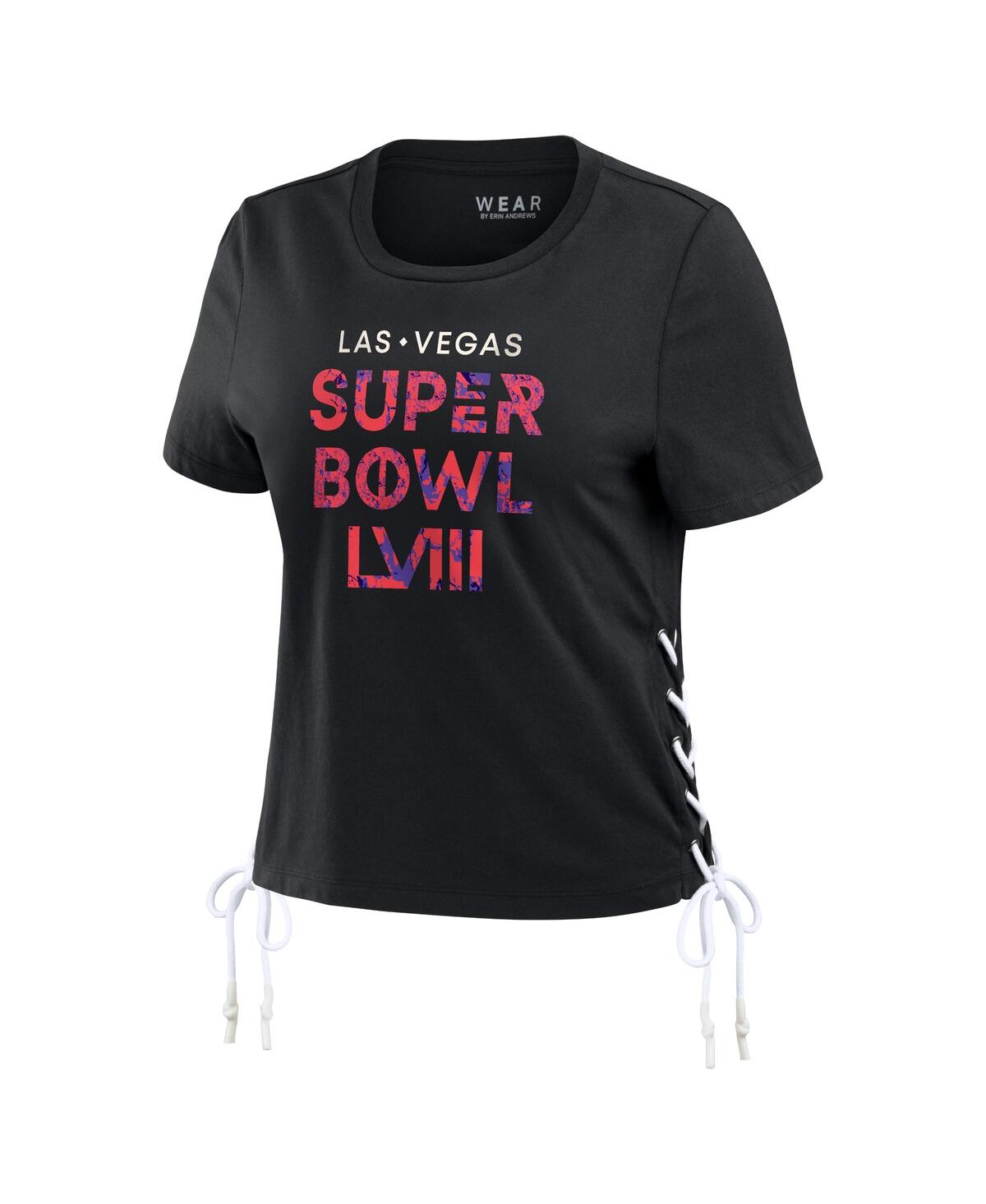 Shop Wear By Erin Andrews Women's  Black Super Bowl Lviii Cropped Lace-up T-shirt