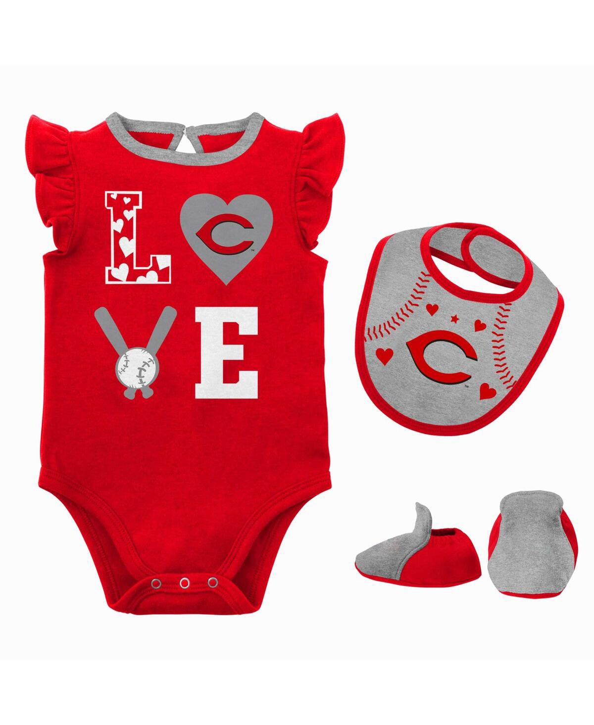 Shop Outerstuff Baby Boys And Girls Red, Heather Gray Cincinnati Reds Three-piece Love Of Baseball Bib, Bodysuit And In Red,heather Gray