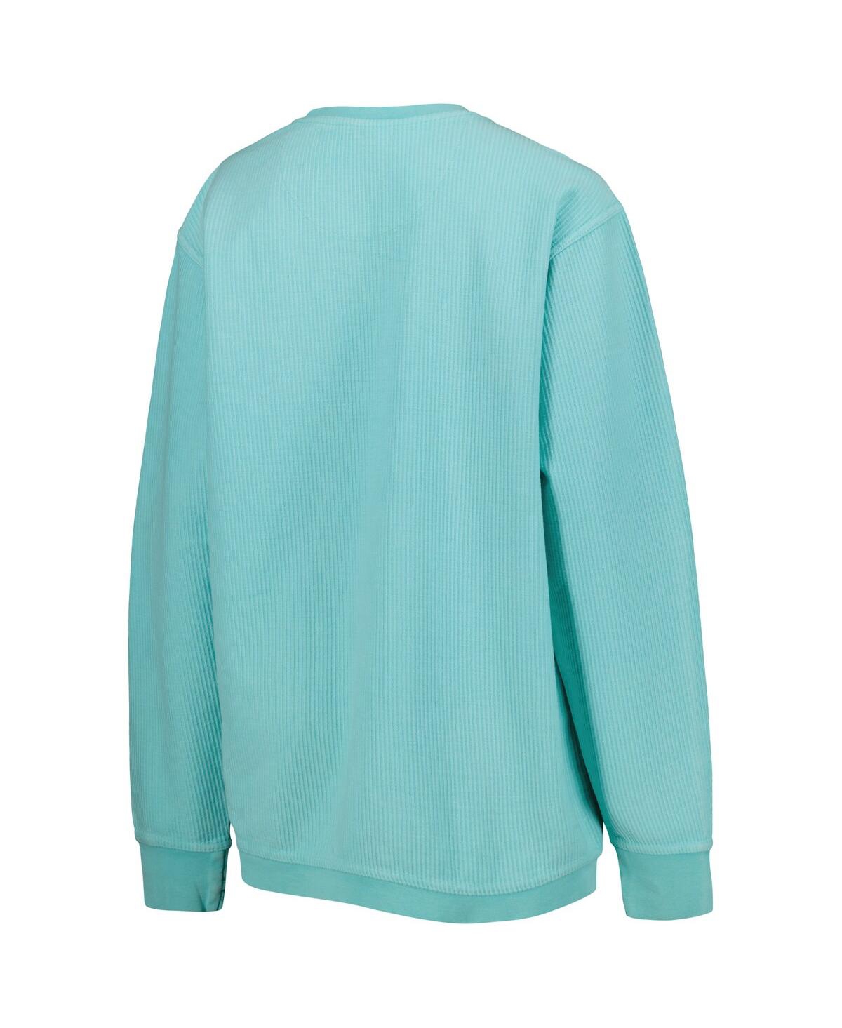 PRESSBOX WOMEN'S PRESSBOX MINT DISTRESSED MICHIGAN WOLVERINES COMFY CORD BAR PRINT PULLOVER SWEATSHIRT 