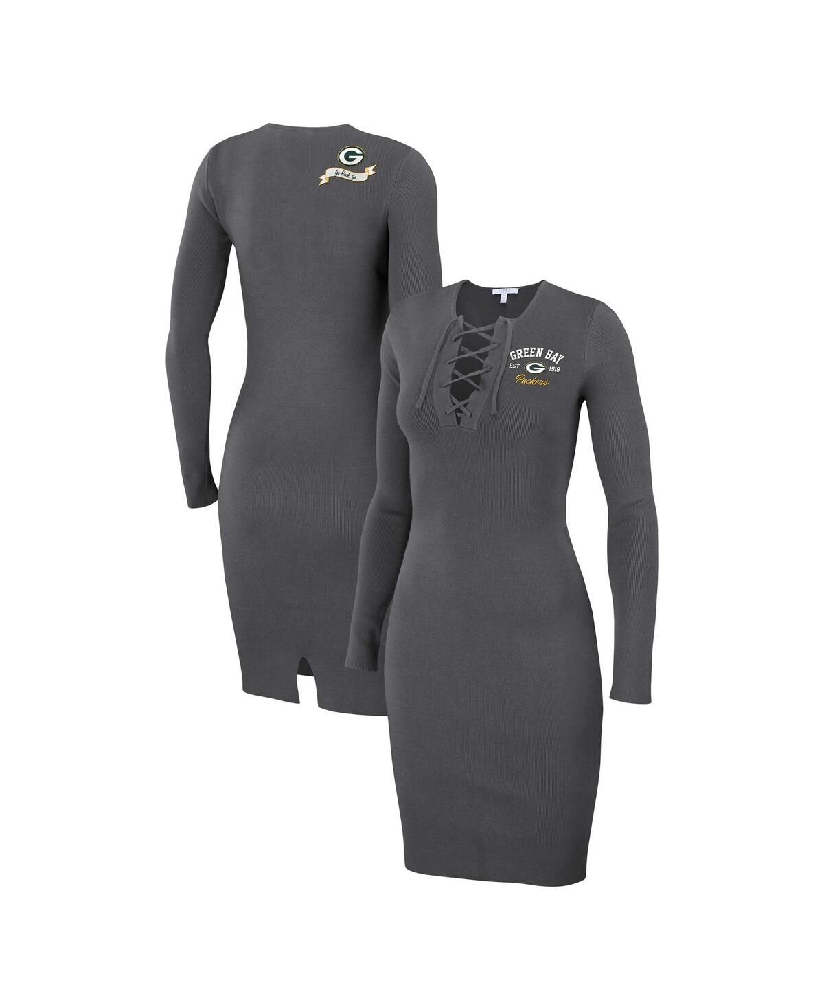 Shop Wear By Erin Andrews Women's  Charcoal Green Bay Packers Lace Up Long Sleeve Dress