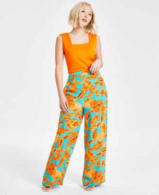 Bar III - Petite Floral-Print High-Rise Wide-Leg Pants