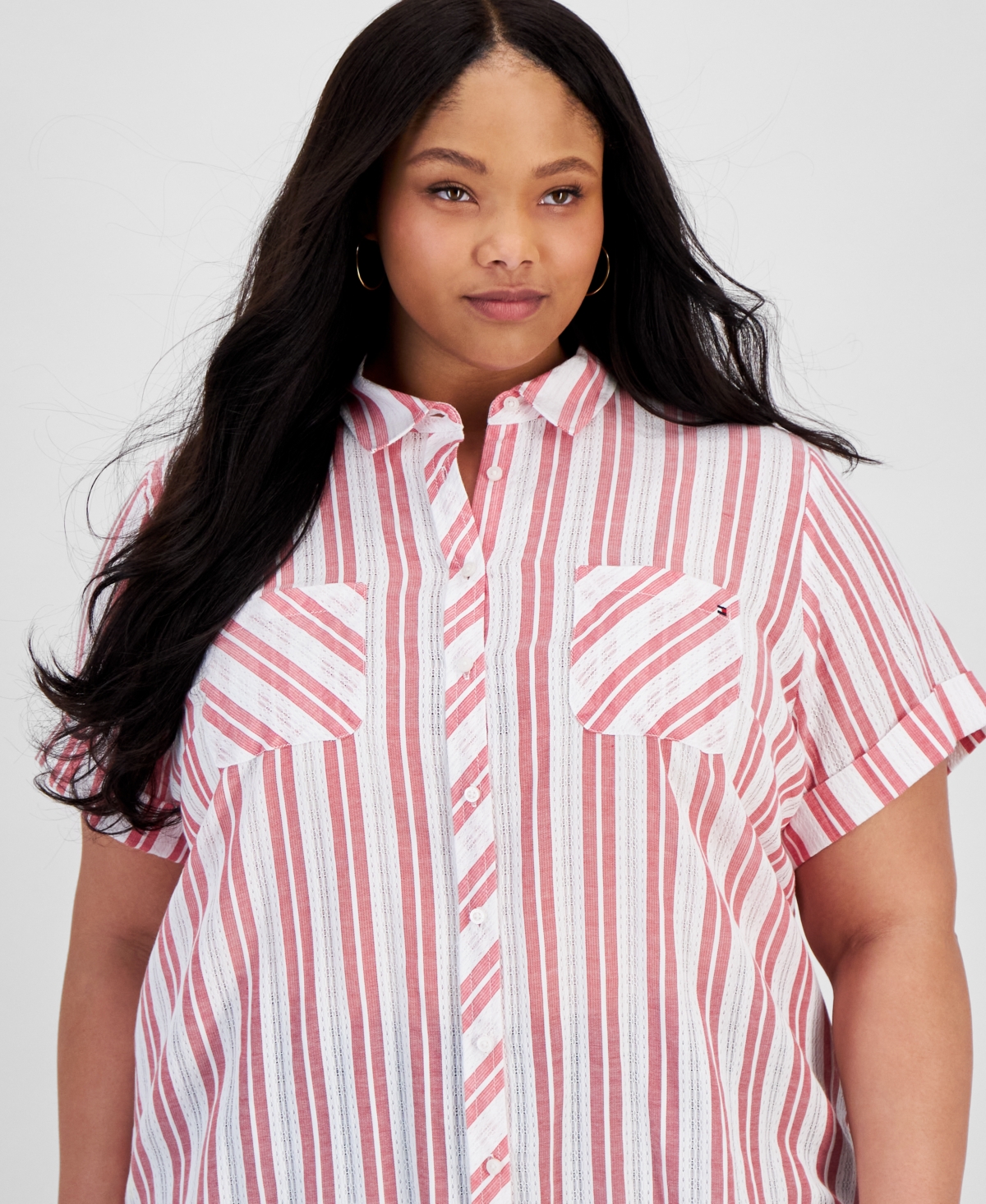Tommy Hilfiger Plus Size Cotton Dobby Stripe Camp Shirt -Scarlet