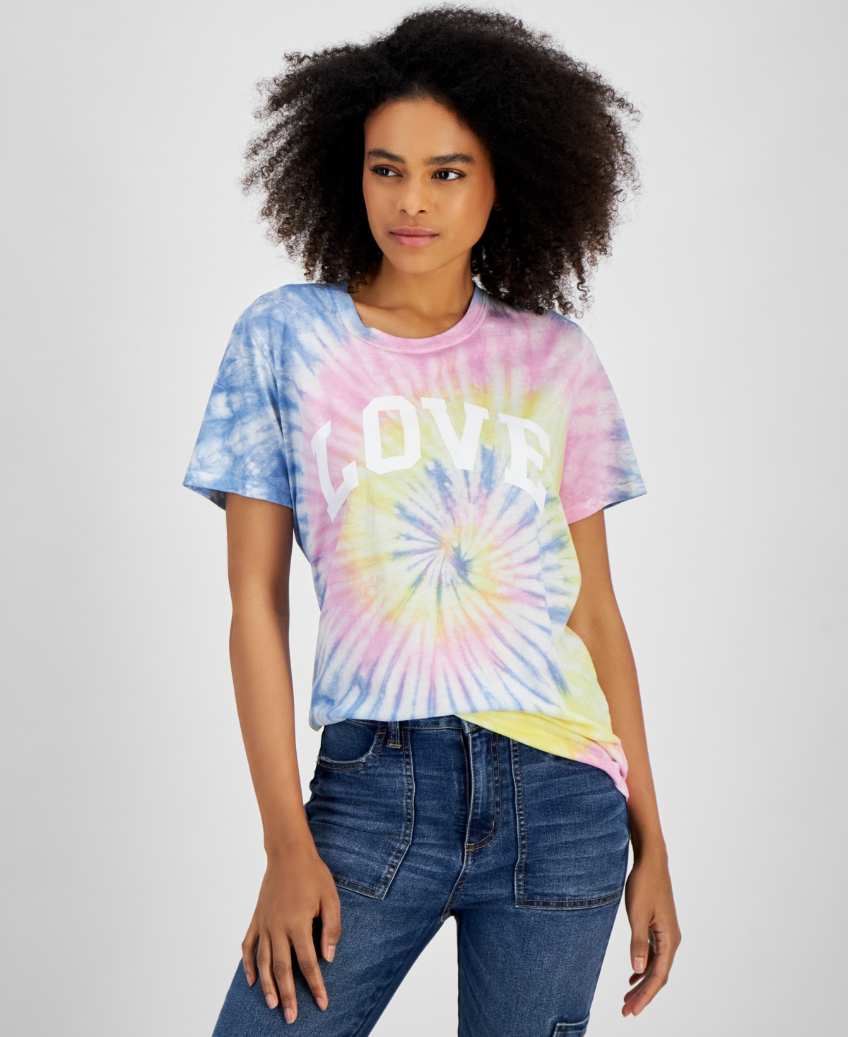 Shop Rebellious One Juniors' Tie-dye Love Graphic T-shirt In Placid Blue
