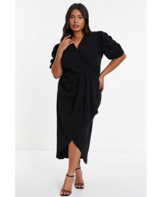 Women s Plus Size Wrap Pleated Ruched Sleeve Midi Dress