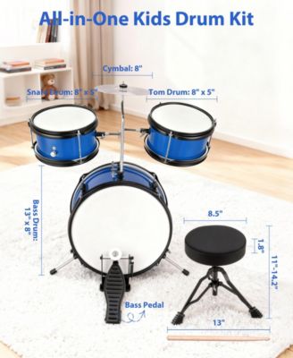3-Piece Kids Drum Set with Adjustable Stool, Bass Pedal & Cymbal – Realistic Junior Drum Kit for Ages 3+
