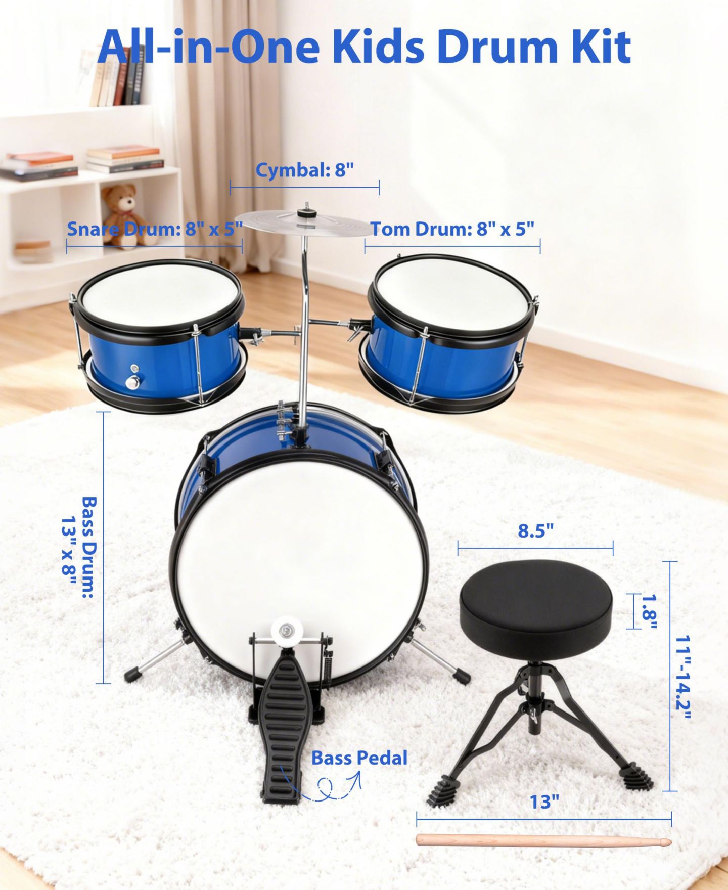 Детские игрушки SUGIFT 3-Piece Kids Drum Set with Adjustable Stool, Bass Pedal & Cymbal – Realistic Junior Drum Kit for Ages 3+ — фото 3