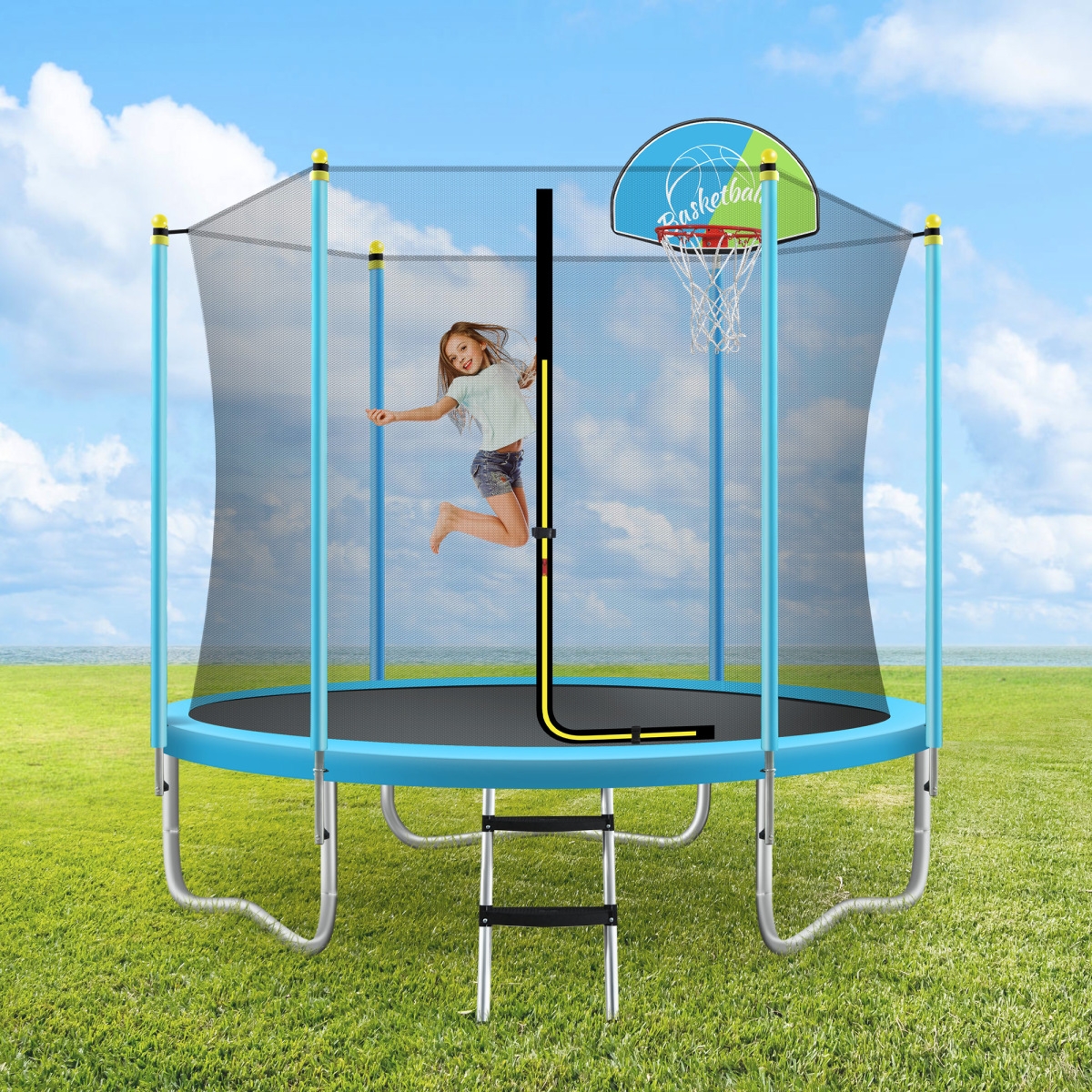 Kids' 8FT Trampoline with Safety Enclosure & Basketball Hoop - Blue