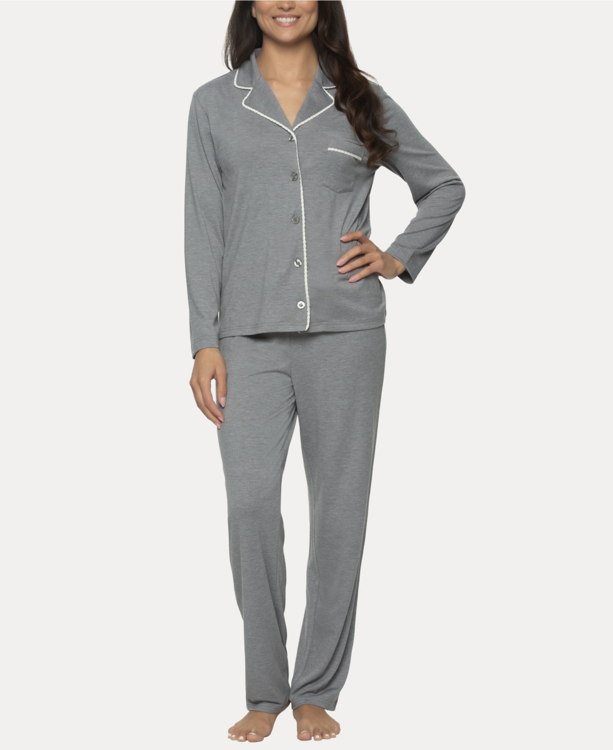 Shop Felina Women's Jessie 2 Pc. Long Sleeve Pajama Set In Heather Silver Filigree
