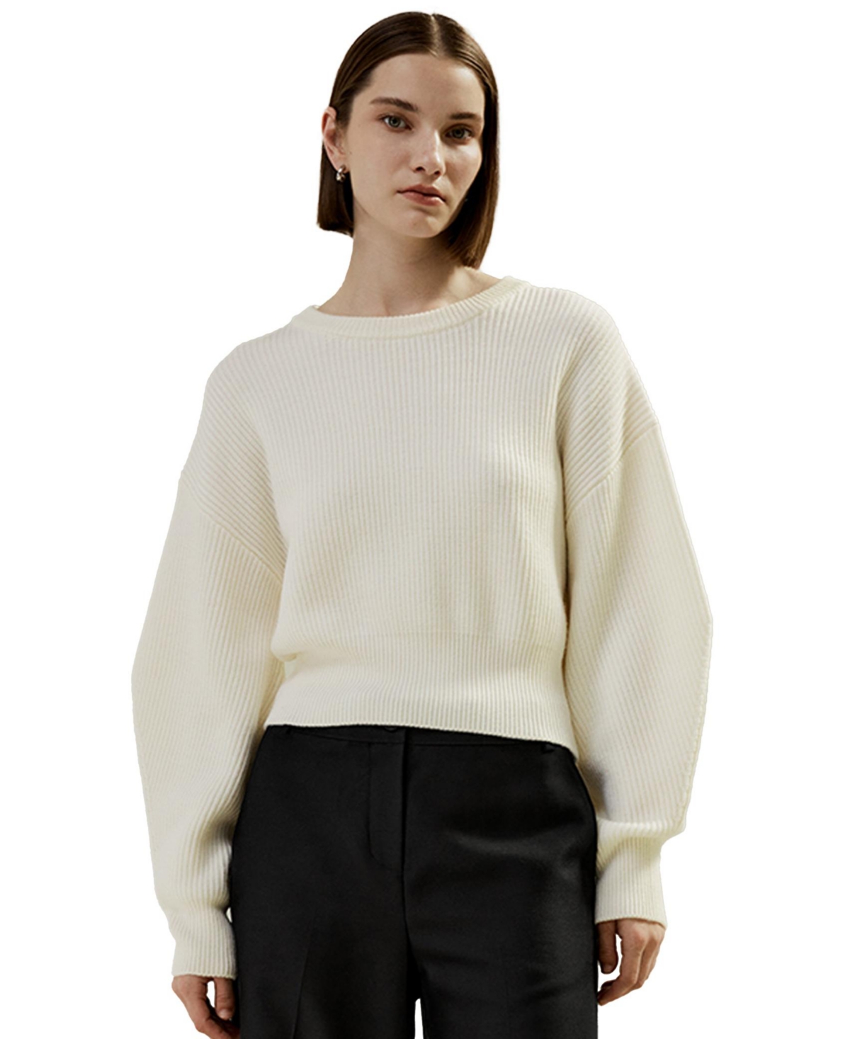 Women's Round Neck Drop-Shoulder Merino Wool Sweater for Women - White