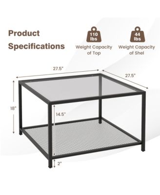 Glass Coffee Table 27.5 Inch 2-Tier Square with Mesh Shelf Living Room