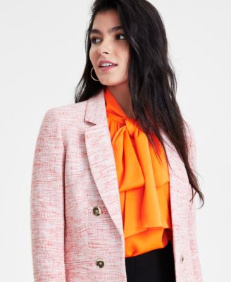 Ellunis Women's Tweed Blazer Long Sleeve Notched Collar Plaid Jackets Casual Open Front Coat Business Work Blazers Jacket