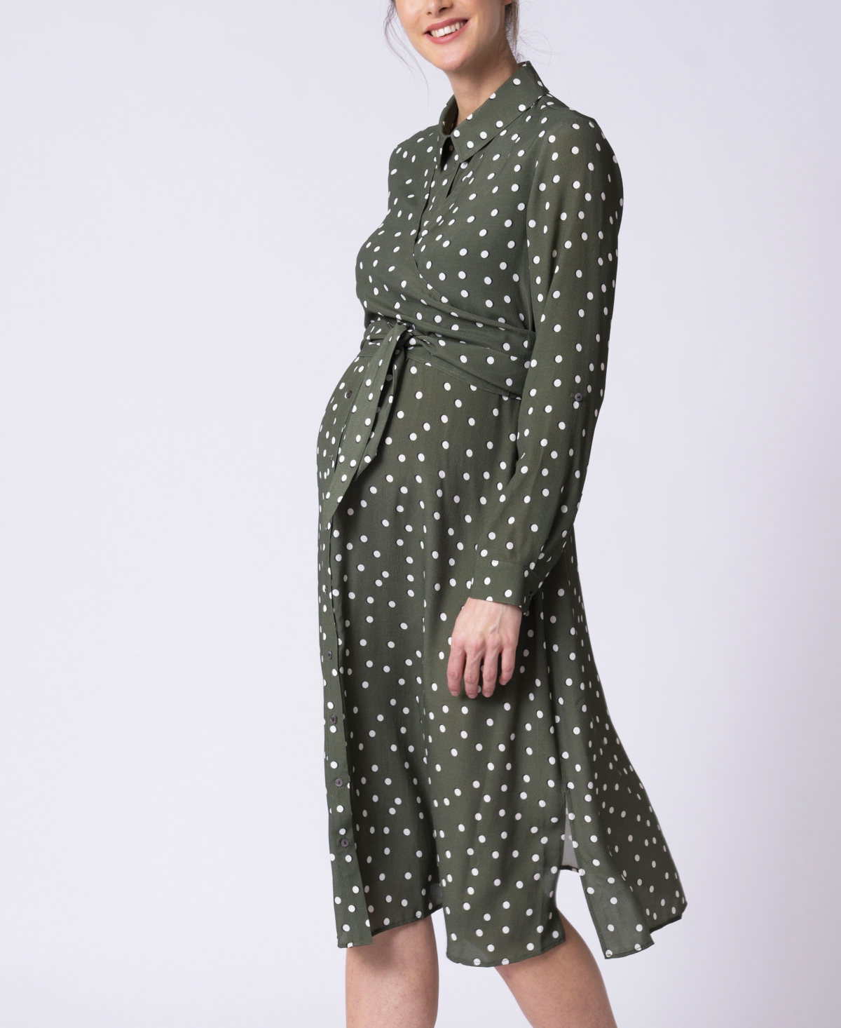 Shop Seraphine Women's Khaki Polka Dot Maternity And Nursing Shirt Dress