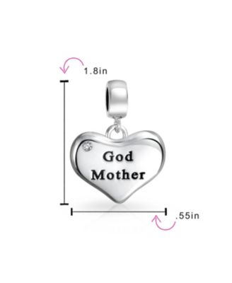 White Crystal Accent BFF Word Heart Shape God Mother Dangle Bead Charm Oxidized Sterling Silver Fit European Bracelet