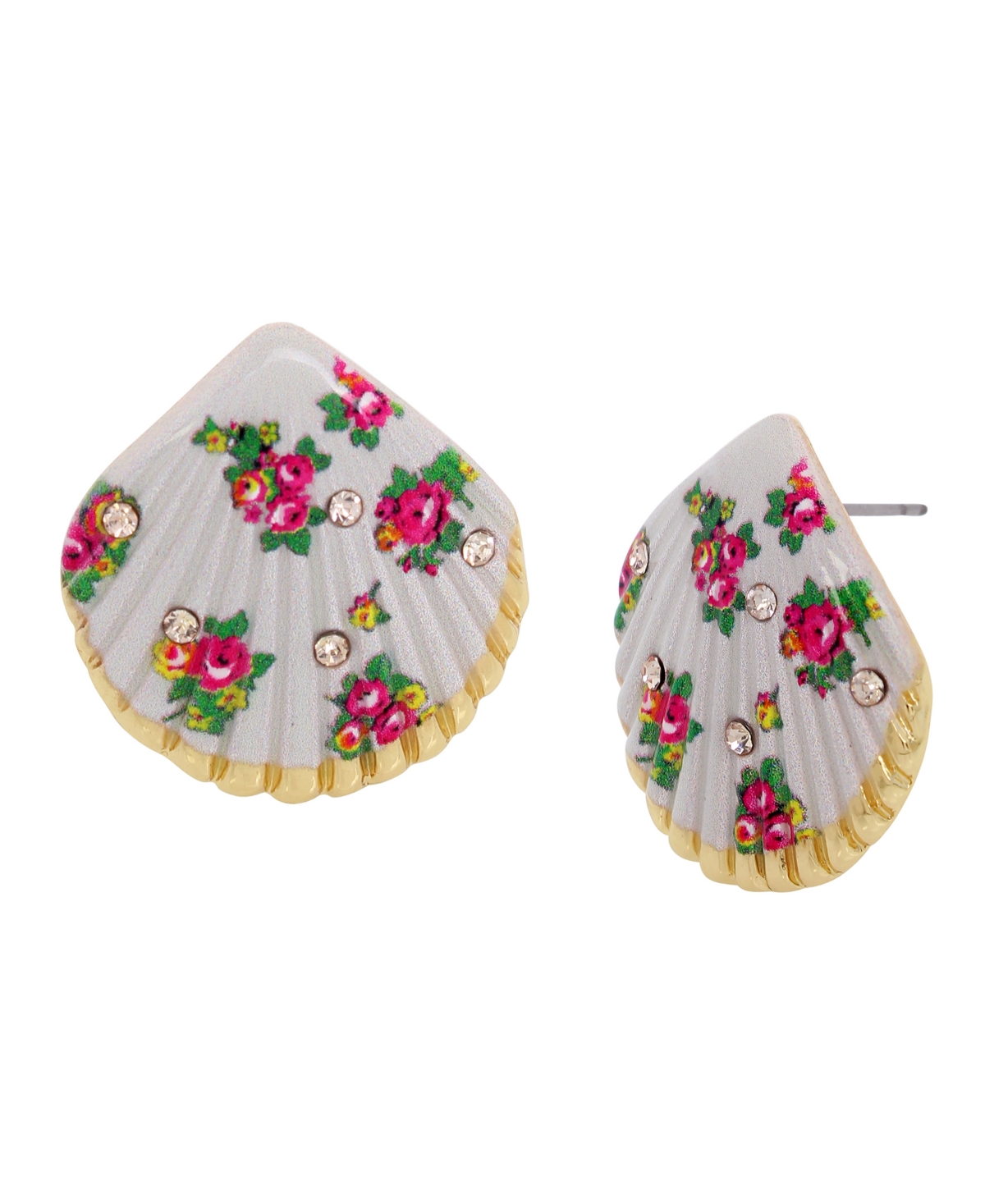 Betsey Johnson Faux Stone Floral Shell Button Earrings In White,gold