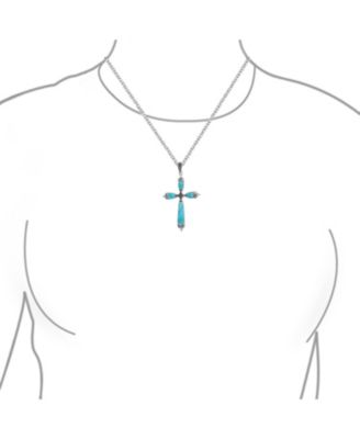 Western Style Spiritual Religious Blue Natural Turquoise Fleur De Lis Cross Pendant Necklace Oxidized Sterling Silver