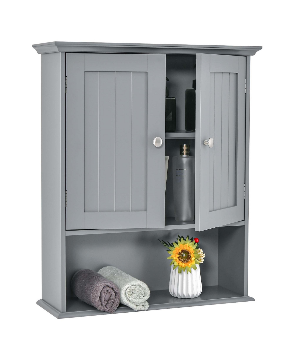 Bathroom Wall Cabinet Medicine Storage Organizer with Adjustable Shelf & 2 Doors - Grey