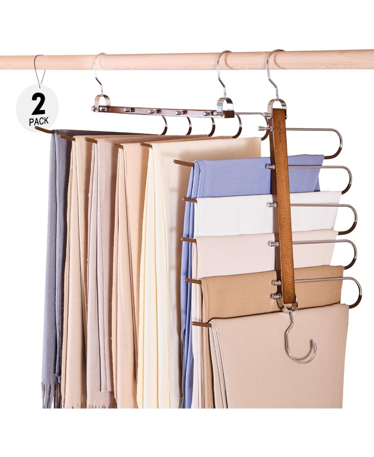 Pants Hangers Space Saving, Wood Jean Hangers for Closet 2 pack - Walnut