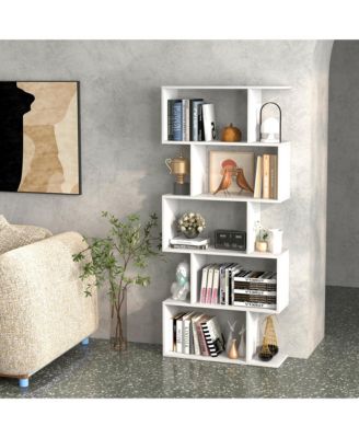 1 PC 5-Tier Bookshelf Geometric S-Shaped Bookcase Room Divider Storage Display Shelf