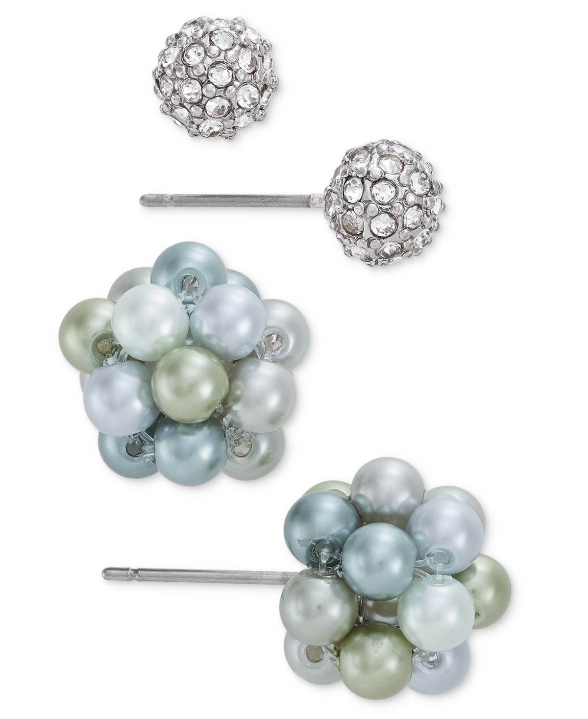 Silver-Tone 2-Pc. Set Pave Fireball & Color Imitation Pearl Stud Earrings, Created for Macy's - Multi