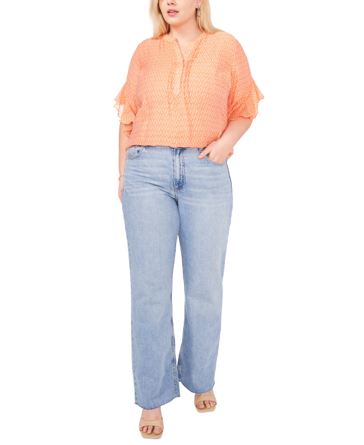 Vince Camuto Plus Size Printed Pintuck Flutter 3/4-Sleeve Henley Blouse