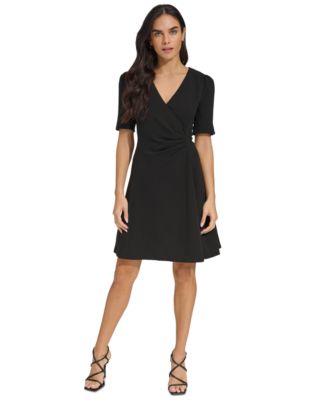 DKNY - Women's Draped-Front Puff-Shoulder A-Line Dress