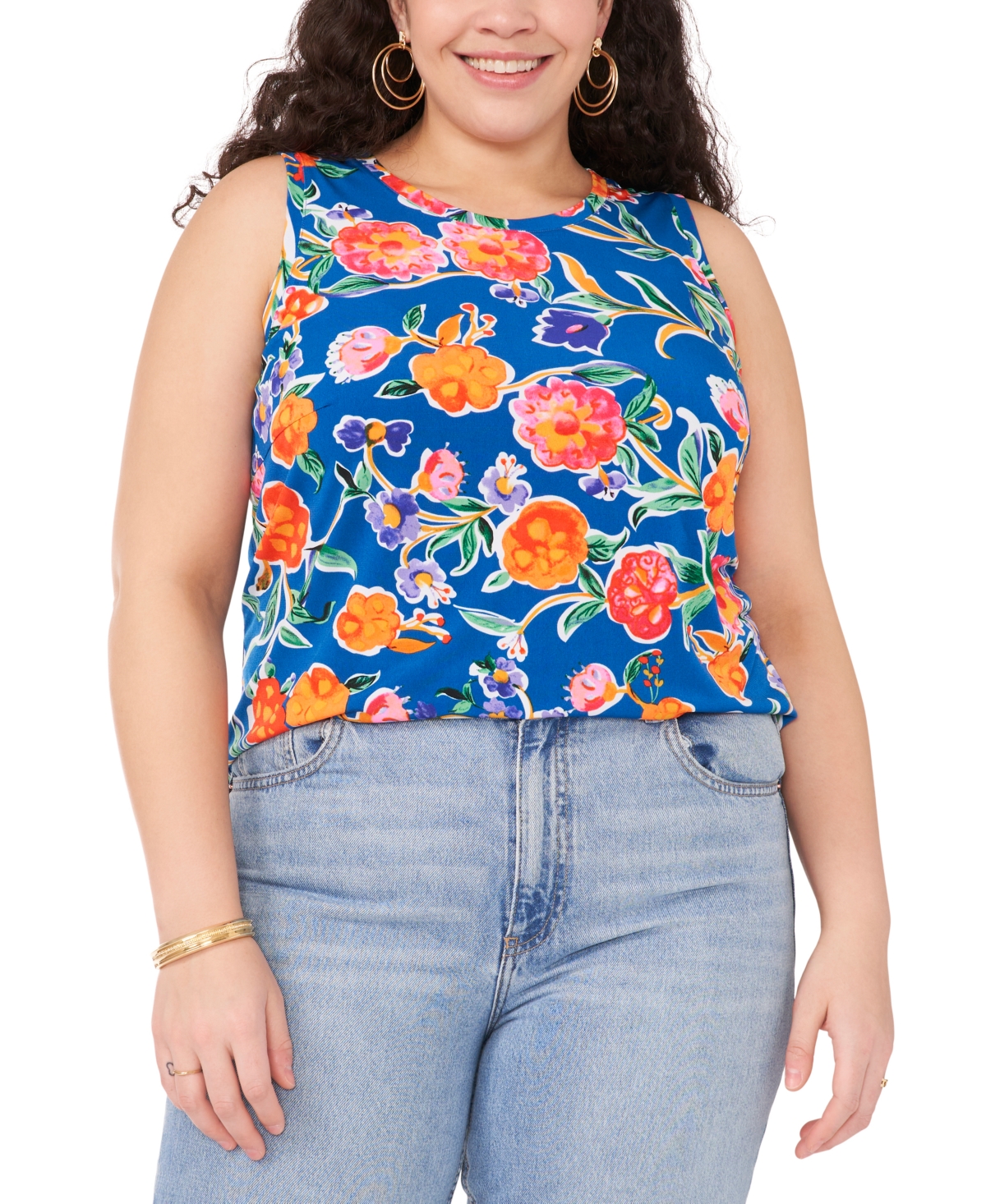 Shop Vince Camuto Plus Size Floral Print Slit Back Tank Top In Classic Navy