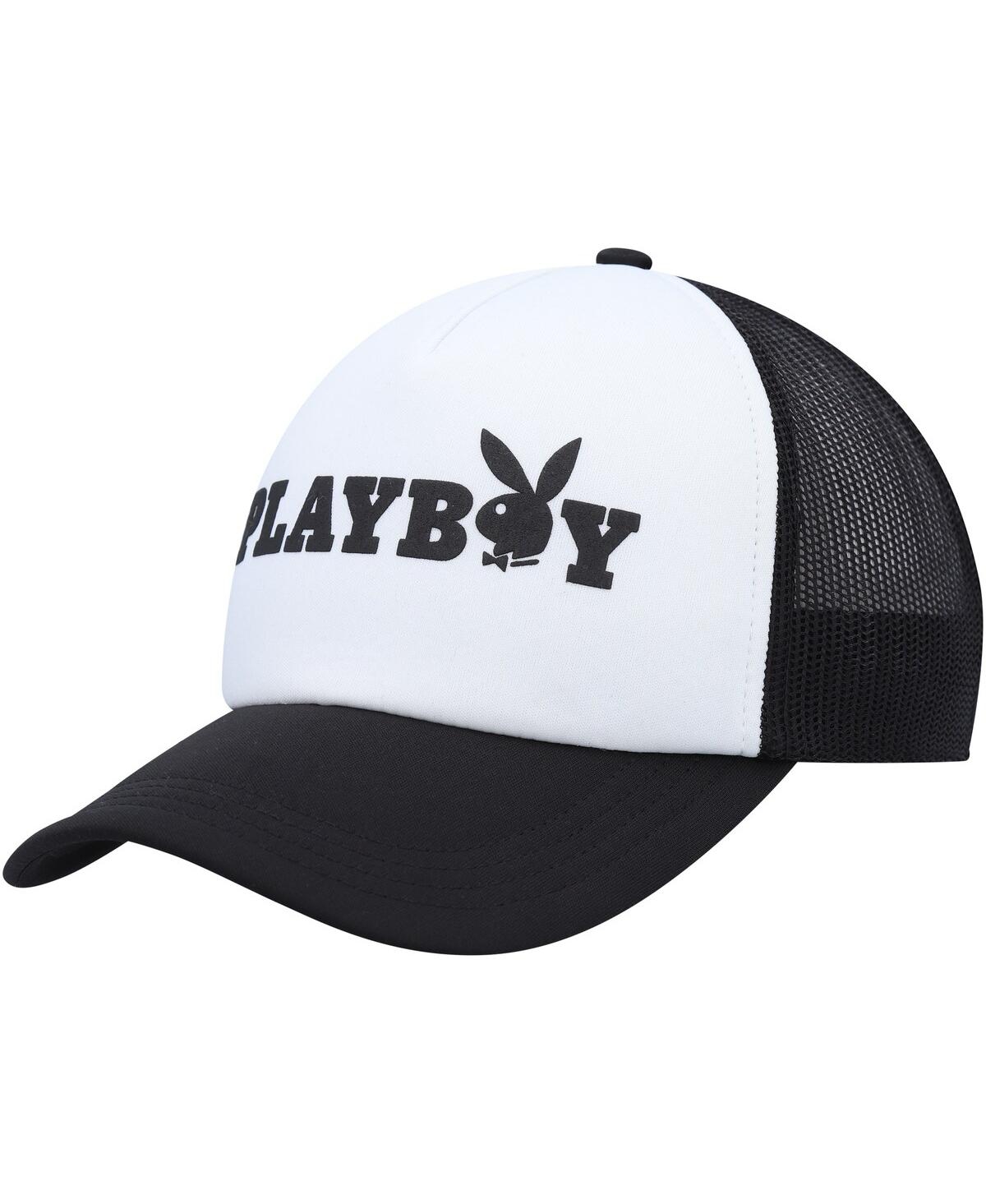 Men's Playboy White, Black Foam Trucker Snapback Hat - White, Black