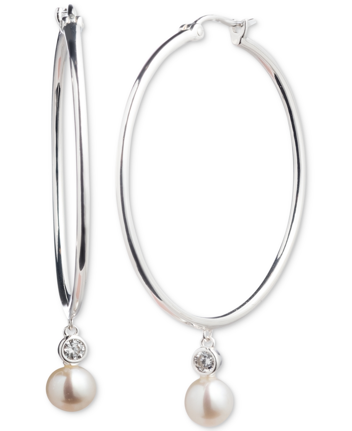 Lauren Ralph Lauren Sterling Silver Freshwater Pearl (6mm) Drop Hoop Earrings - White