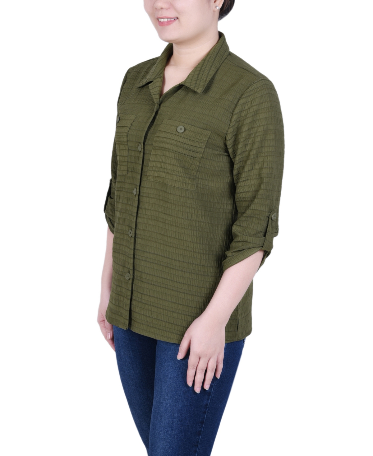 Ny Collection Women's Long Roll Tab Sleeve Jacquard Blouse