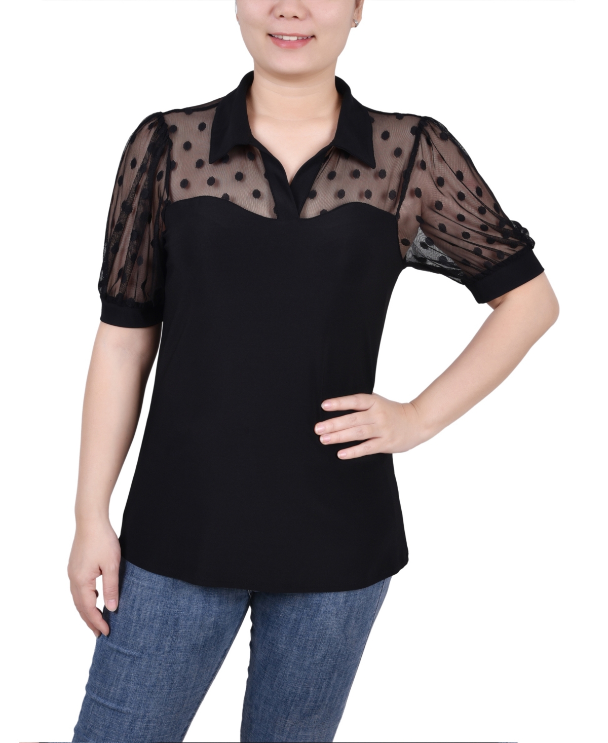Women's Short Sleeve Top with Dotted Mesh - Black