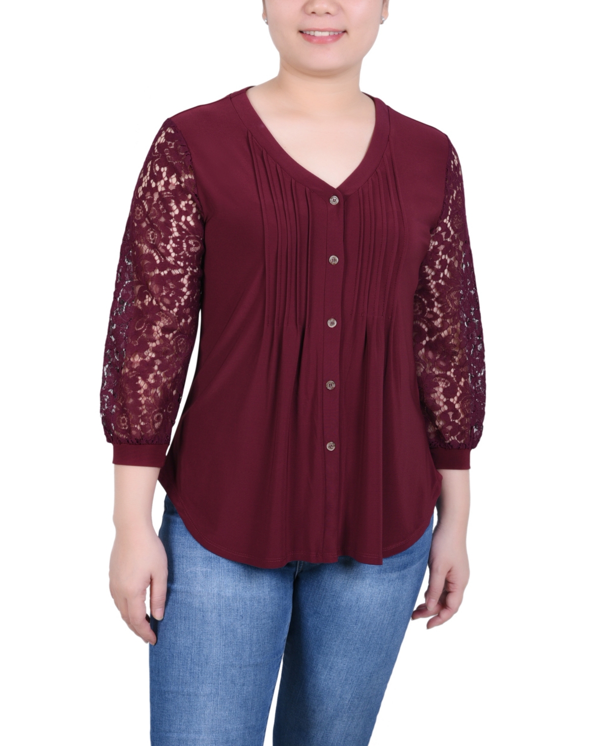 Women's Lace-Sleeve V-neck Top - Rhododendron