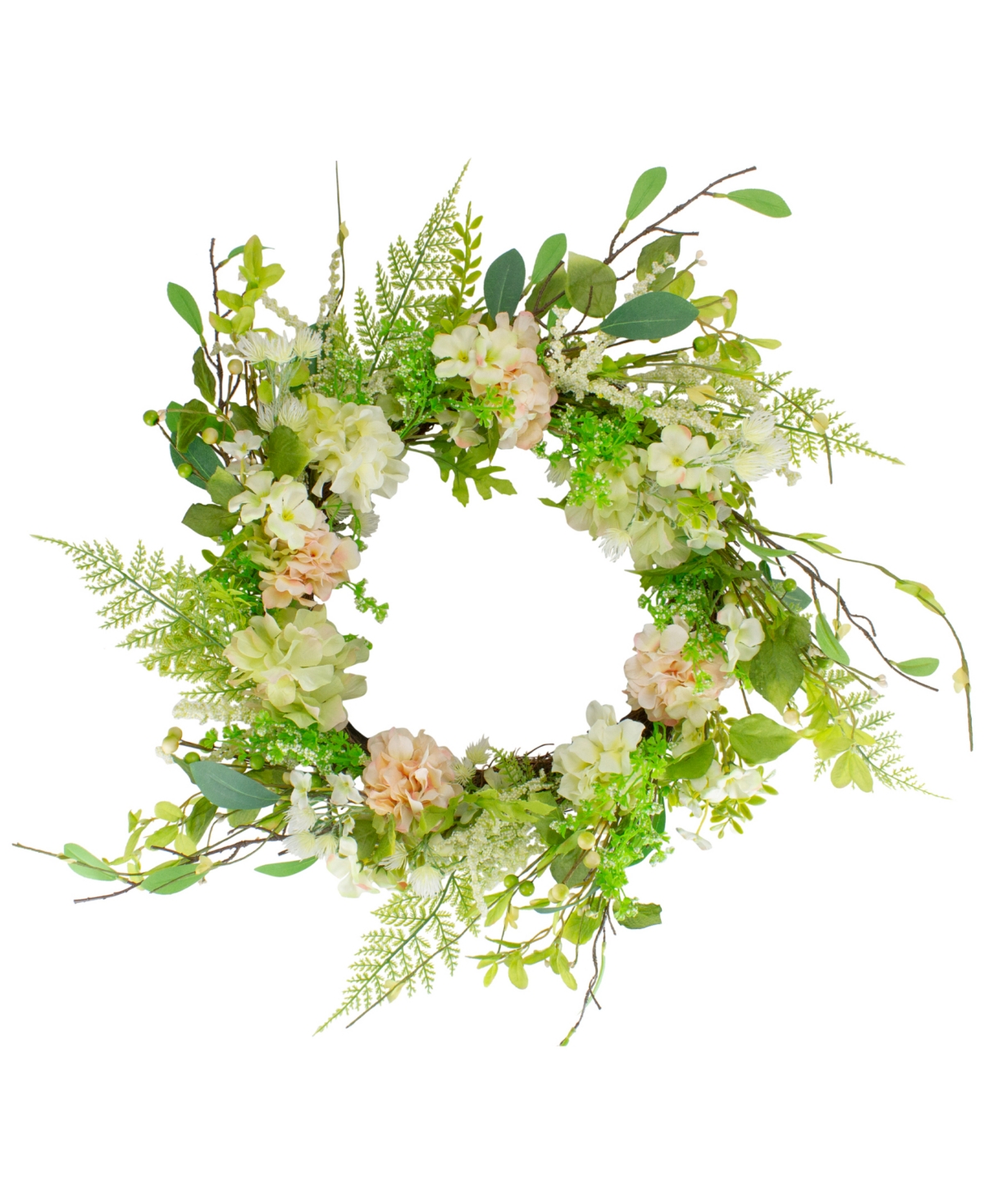 Northlight Hydrangea And Fern Spring Floral Berry Wreath, 28" In Green