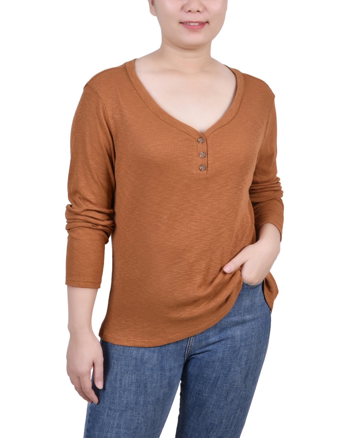 Women's Long Sleeve Ribbed Henley Top - Rust