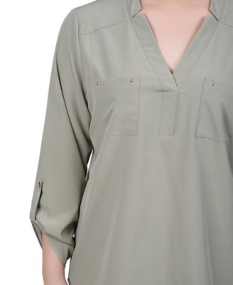 Women's Roll Tab Sleeve Blouse with Pockets