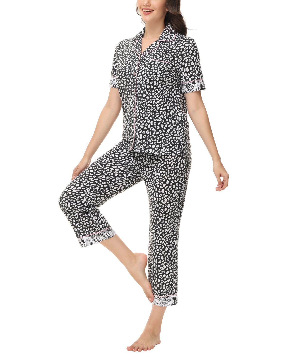 C. Wonder Women's Printed Short Sleeve Notch Collar with Pants 2 Pc. Pajama Set