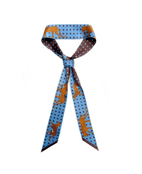 Jessie Zhao New York Silk Skinny Scarf Of Blue Leopards Garden, цвет: Синий / Коричневый