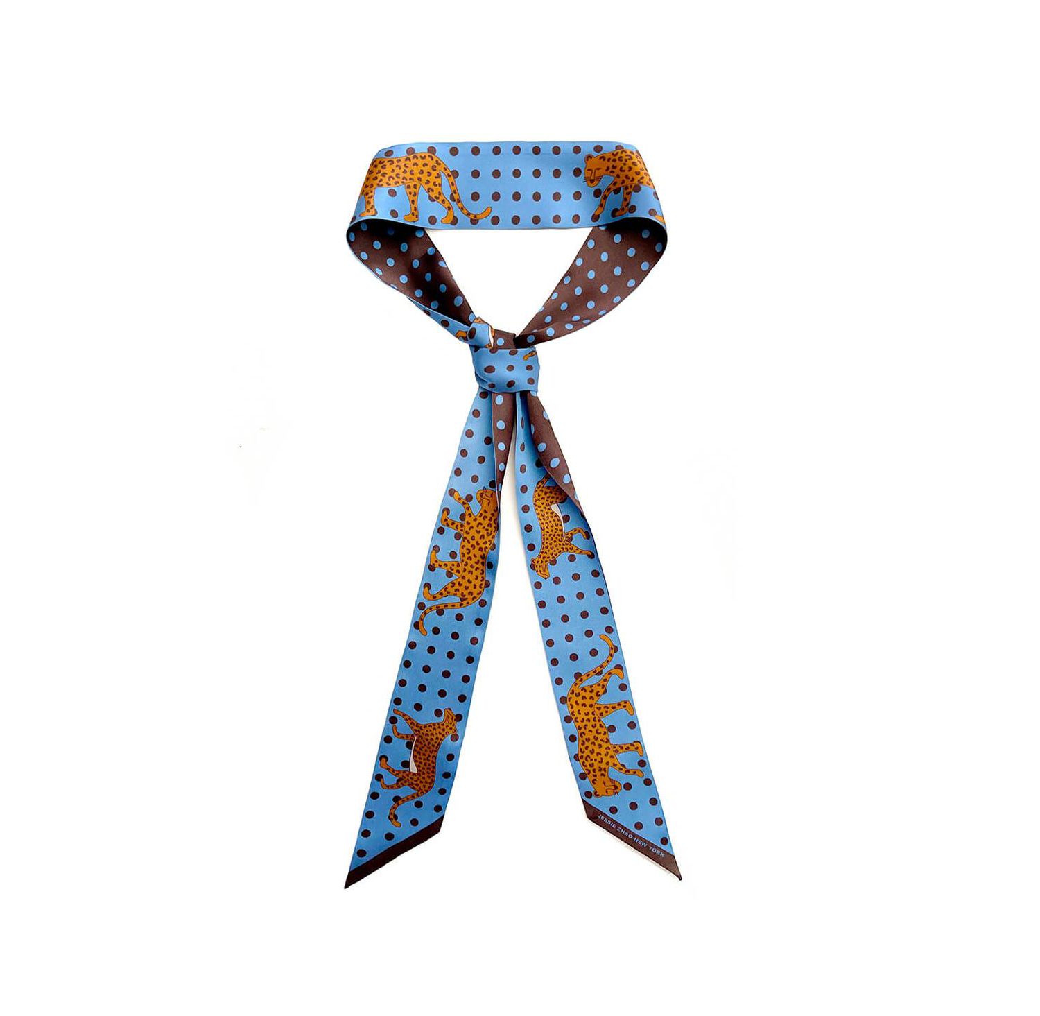 Silk Skinny Scarf Of Blue Leopards Garden