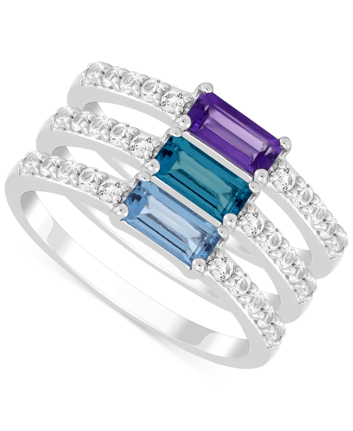 3-Pc. Set Multi-Gemstone (1-1/4 ct. t.w.) & Lab-Grown White Sapphire (5/8 ct. t.w.) Stack Rings in Sterling Silver - Multi Gemstone